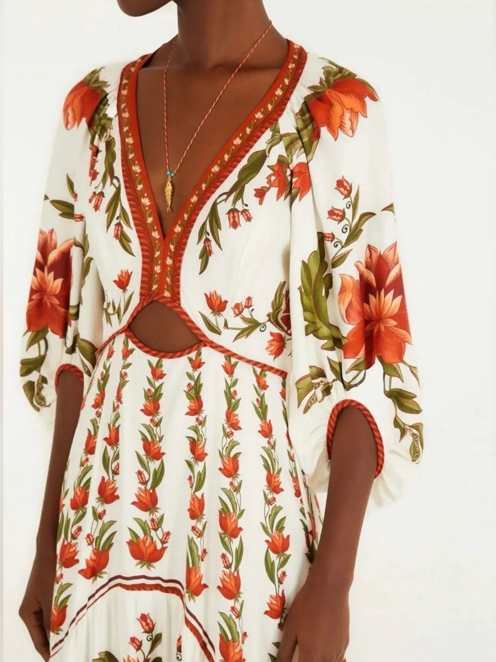 FARM Rio White Maxi Dress with Orange & Green Floral Print